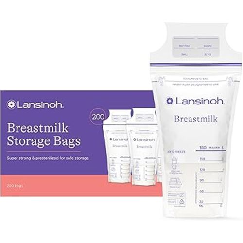Lansinoh Breastmilk Storage Bags, 200 Count Value Pack, Easy to Use Breast Milk Storage Bags for Feeding, Baby Essentials, Presterilized, Hygienically Doubled-Sealed for Freezing & Refrigeration, 6 OZ
