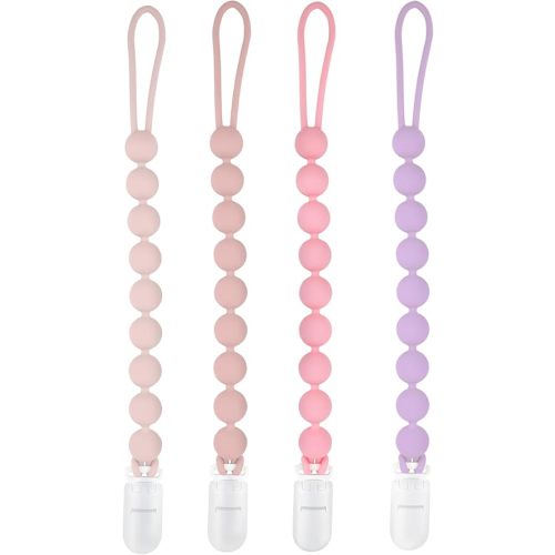 Silicone Pacifier Clip Holder, 4 Pack One Piece Soft Flexible Binky Clips Pacifier Holder Clip for Girls, baby girl newborn essentials, Teething Relief