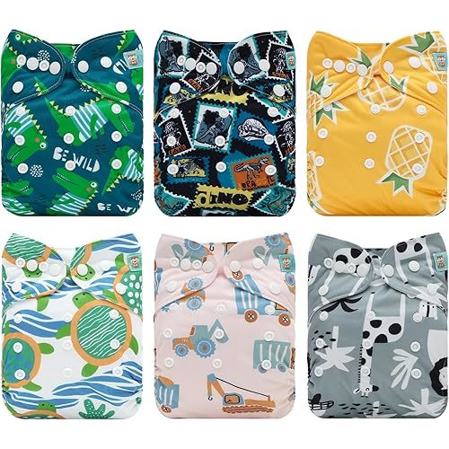 ALVABABY Baby Cloth Diapers 6 Pack with 12 Inserts One Size Adjustable Washable Reusable for Baby Girls and Boys 6DM92
