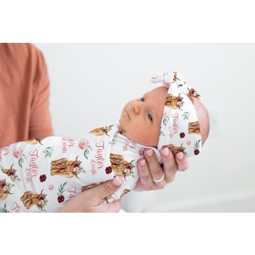 Girl Highland Cow Swaddle Blanket, Cow Personalized Baby Blanket, Personalized Baby Blanket, Baby Shower Gift, Highland Cow Swaddle Set C19