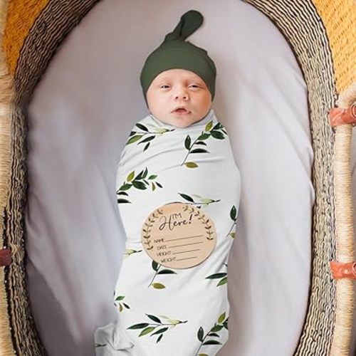 Ylsteed Baby Swaddle Blanket and Headband Set, Newborn Receiving Blanket Swaddle Wrap for Girls Boys, Swaddling Blankets Neutral for Newborn,Soft and Skin-Friendly Receiving Wrap 32*32''(Green leaves)