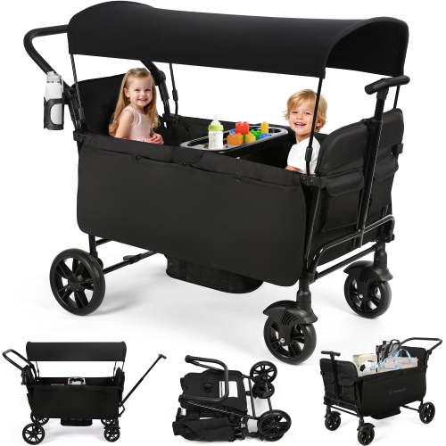 Vomeast Wagon Stroller for Kids, Spacious 2-Seater Stroller Wagon with Adjustable Canopy, Pull & Push Handle, 5-Point Harness, Foldable for Toddlers, Black
