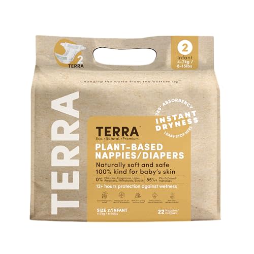 Terra Size 2 Diapers: 85% Plant-Based Diapers, Ultra-Soft & Chemical-Free for Sensitive Skin, Superior Absorbency for Day or Nighttime Diapers, Designed for Babies 8-15 Pounds, 22 Count