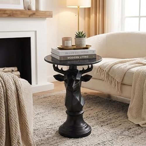 Deer Side Table for Living Room - 20" Faux Marble Top Accent End Table with Hand-Carved Resin Deer Statue Base - Modern Round Bedside Table for Bedroom, Patio, Entryway,Gift - Tool-Free Setup