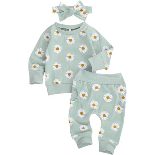 3Pcs Baby Girl Outfits Daisy Sweatshirt + Pants + Headband Infant Fall Winter Clothes