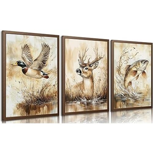 3Pcs Rustic Outdoor Wildlife Canvas Wall Art,Watercolor Deer Duck And Fish Posters Prints,Vintage Farmhouse Hunting Wall Decor Pictures,for Living Room Bathroom Kitche Home Decoration