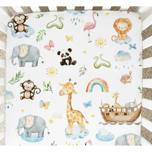 Noah's Ark Animals Baby Crib Sheet for Girl Boy Leopard Elephant Monkey Giraffe Panda Crib Mattress Cover Soft Stretchy Nursery Bed Sheets for Standard Crib Toddler Mattress 52"x 28"