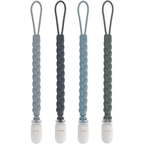 Stylish Silicone Pacifier Clips 4-Pack for Baby Boys and Girls, Woven Rope Flexible Design, Rust-Free Holders for Teething Relief and Baby Essentials, Safe for Newborns (Grey)