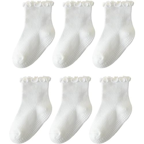 6 Pairs Toddler Ruffle Socks for Girls Baby Grip Socks Non Slip Socks Cute Grippy Frilly Socks