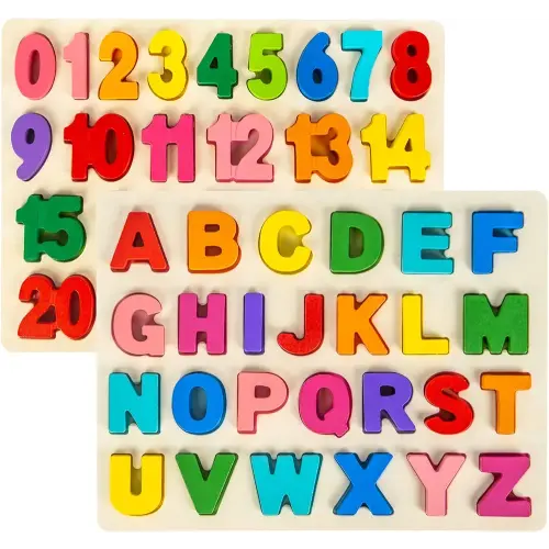 Wooden Puzzles for Toddlers, Alphabet Puzzle and Number Puzzle, 2 in 1 Preschool Educational Learning Toys with Chunky Wood ABC Puzzle Board, for Girls Boys Kindergarten Set of 2