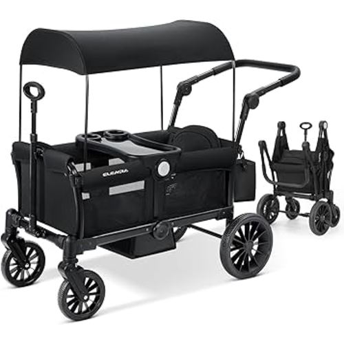 ELEMARA Stroller Wagon for 2 Kids, Foldable Wagon Stroller, Premium All Terrain Wagon for Kids, Kids Wagon Cart w/Removable Canopy, Adjustable Push/Pull Handle, Harnesses, Large Storage Bag, Black