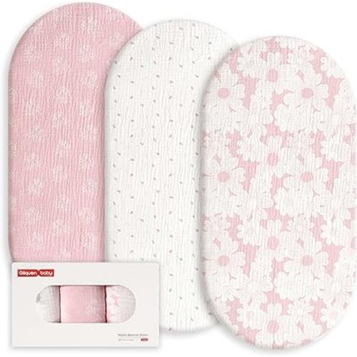 Gllquen Baby Muslin Bassinet Sheets 3 Pack, Breathable Elastic Cozy Fitted Cotton Bassinet Mattress Sheet for Baby Boy Girls, Fit for Hourglass Oval Rectangular Cradle Pad Sheets 33"x17" (Pink)