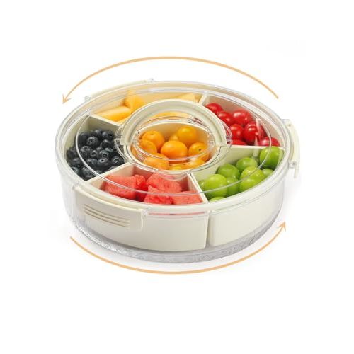 SUNBABA Creative Turntable Storage Organizer Rotating Snack Tray Serving Tray with Lid and Handle Snackle Box Container Removable Nut Case Round Dried Fruit Case