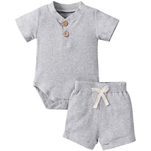 Ledy Champswiin Summer Newborn Baby Boy Girl Clothes Set Ribbed Outfits Unisex Infant Solid Short Sleeve Tops Shorts 2PCS