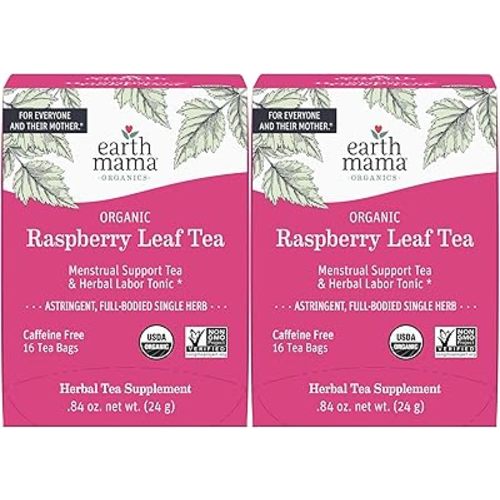 Earth Mama Organic Raspberry Leaf Tea Bags | Labor Tonic & Menstrual Support Herbal Tea for Pregnancy & Postpartum Care Recovery, Caffeine Free, Non-GMO (16-Teabags, 2-PK)