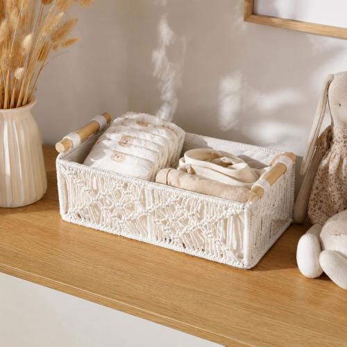 Macrame Storage Basket with Handles, Boho Nursery Organizer for Shelves
