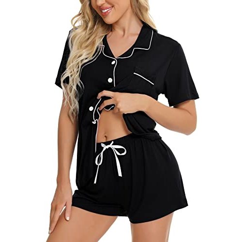 SWOMOG Womens Button Down Pajamas Set Short Sleeve Sleepwear Bride Soft Pj Lounge Sets XS-3XL