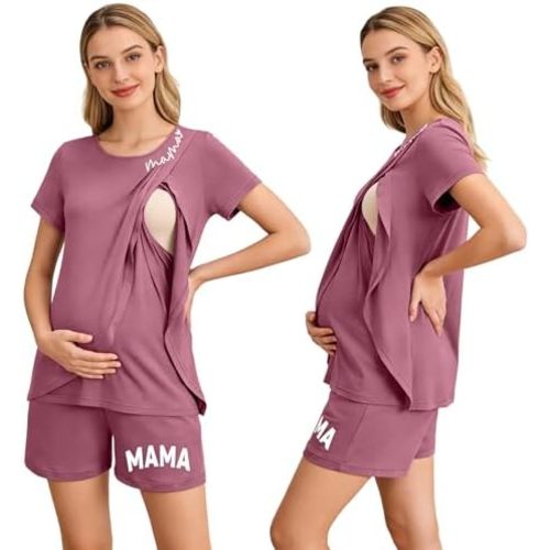 UNIQUEONE 2 Piece Women’s Nursing Pajamas Set-Double Layer Maternity Breastfeeding Pjs-Postpartum Short Sleeve Tops & Shorts