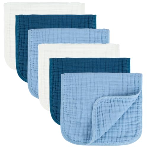 MIGIOL Baby Burp Cloth 100% Cotton Newborn Cotton Muslin Burp Cloth 10x20 inches (White & Blue 6 Pieces)