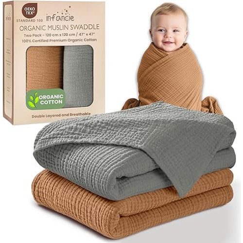 Organic Cotton Muslin Baby Blanket - 47x47 Inch Breathable Swaddle, Hypoallergenic Double-Layer, Versatile Use (Gold/Sage, 47x47 Inch)