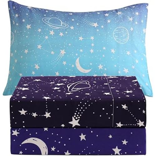 JSD Gradient Blue Moon Stars Kids Sheet Set Twin Size, 3 Piece Space Theme Microfiber Sheets Deep Pocket