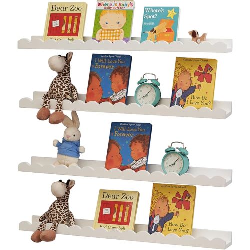 Scalloped Baby Book Shelf,Floating Shelves for Wall Set of 4 Solid Pine Wood Nursery Bookshelves with Wave Lip for Bedroom Kids, Toddler Room, Baby Room, Nursery Decor(White,60cm)