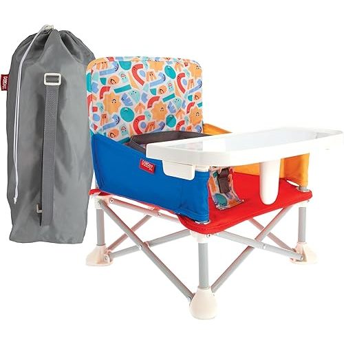 Nuby Easy Go Pop-Up Booster Seat with Removable Tray - 6+ Months - Portable Booster Seat for Floor for Indoor/Outdoor Use - 3-Point Safety Adjustable Straps - Includes Travel Bag - Fun Faces