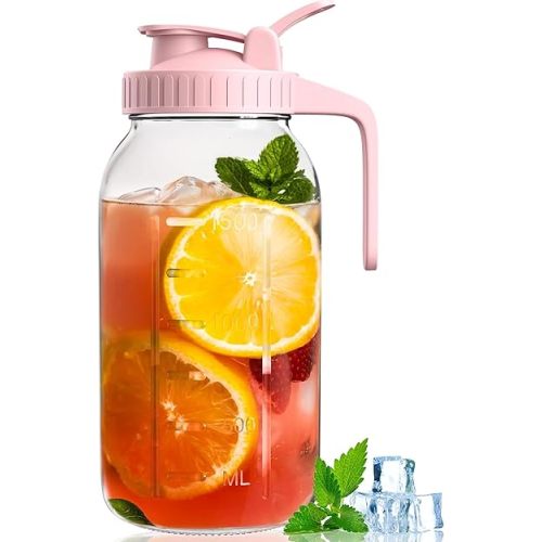 64oz Glass Mason Jar Pitcher with Lid and Spout, 2 Quart Airtight Glass Water Jug, Leakproof Wide Mouth Mason Jar Pitcher for Iced Sun Tea, Milk Storage, Cold Brew Coffee, Juice, Pink