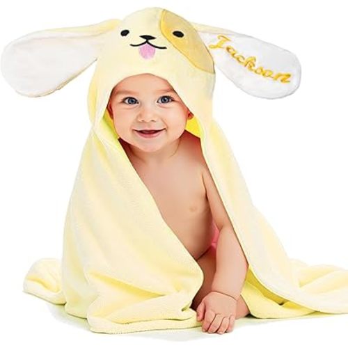 Custom Hooded Bath Towel with Name, Personalized Highly Absorbent Bunny Towels, Baby Bath Towels for Girls Boys, Brithday for Baby, Toddler, Newborn (Yellow-Dog)