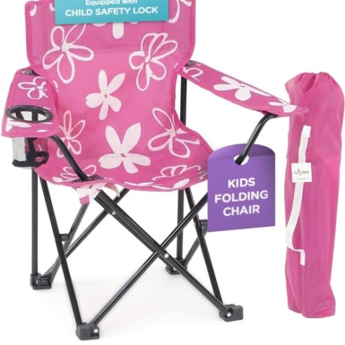Emily Rose Kids Folding Chair | USA Company | Pink Folding Beach Chair with Safety Lock- Camping Chair for Girls Toddler with Cup Holder & Carry Case- Tailgate, Travel, Lawn- for Indoor & Outdoor