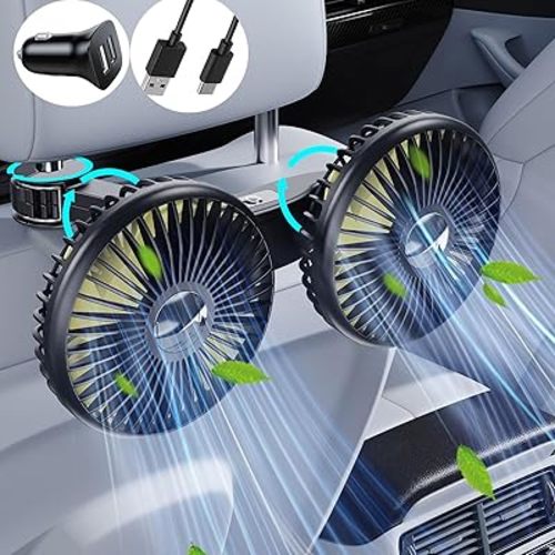 Car Fan for Backseat,Dual Head Usb Portable Car Seat Fan Battery Operated,360° Rotating Cooling Ventilation Fan, Carseat Vent Fan with No Ac,12v 24volt Car Fans that Blow Cold Air,for Trucks