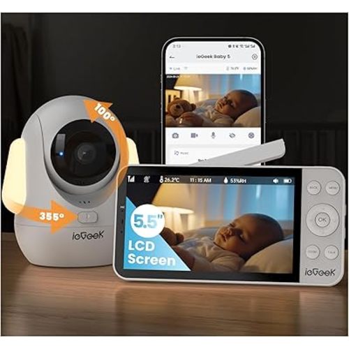 ieGeek Moniteur pour bébé 2,5 K avec lumière RVB, batterie 4000 mAh, écran sans fil de 5,5", masque facial AI/détection du sommeil sujet, moniteur WiFi 2,4 G/5G, PTZ à 360 °, température et humidité