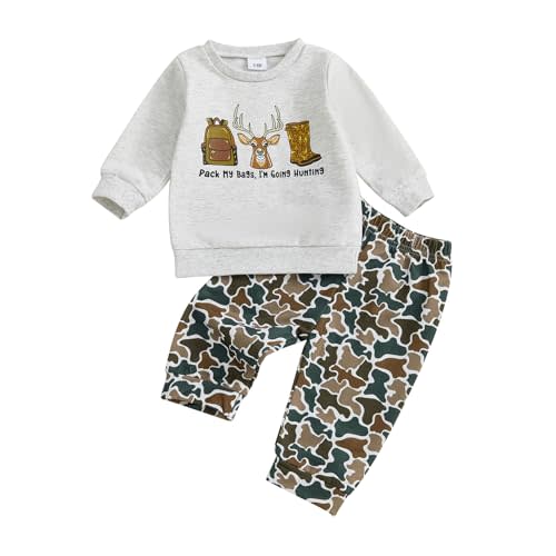 PUHHAPIEY Toddler Boy Fall Winter Clothes Baby Camo Outfits Retro Duck Embroidery Hunting Sweatshirts + Camouflage Pants Set