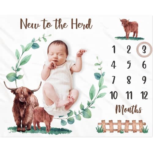 Gicoherero Highland Cows Baby Monthly Milestone Blanket Scotland Photo Prop Month Blanket Growth Chart Gift Ideas for Newborn Boy Girl Nursery Décor Baby Shower 40" X 50"