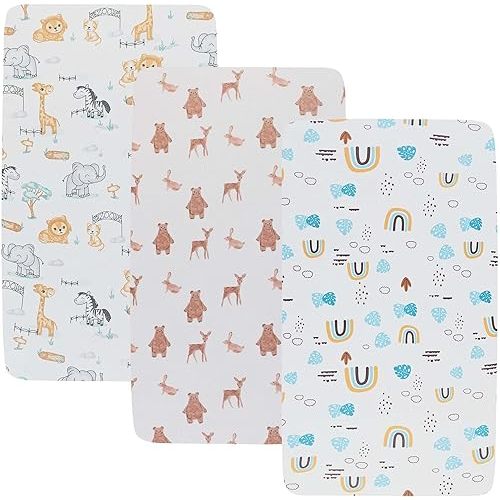 Onacosht Stretchy Bassinet Sheets 33" x 19" Compatible with Mika Micky, KoolaBaby (3 in 1), BabyBond, HARPPA and RICUTON Bedside Bassinet, 3 Pack for Baby Boy and Girl, Unisex Cute Animal Printing