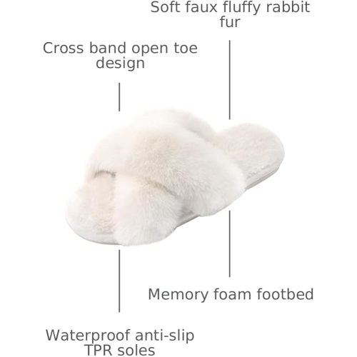 Women's Fuzzy Cross Band Slippers, Memory Foam House Shoes with Anti-Slip Rubber Sole, Open Toe Plush Fleece Indoor Slippers for Ladies, Cozy Gifts for Women