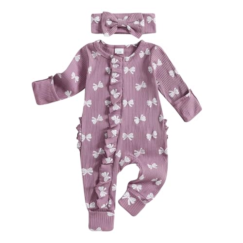 citgeett Baby Girl Newborn Clothes Fall Winter Hospital Coming Home Outfit Bow Long Sleeve Romper Zipper Onesie Jumpsuit