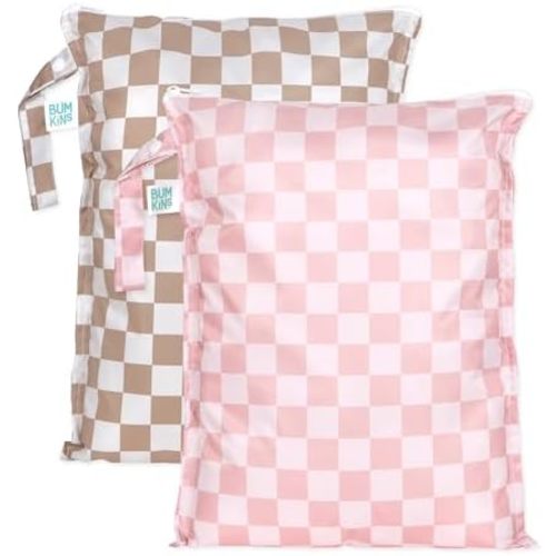Bumkins - Waterproof Wet Bag - For Baby, Travel, Swim Suit, Cloth Diapers, Pump Parts, Pool, Gym, Toiletry, Strap to Stroller - Reusable & Easy to Clean - 2pk - Beige & Pink Check