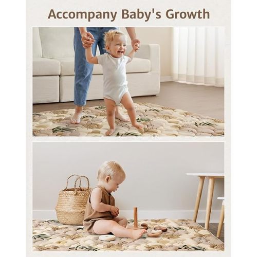 Blissful Diary Portable Baby Play Mat 43" X 43", Thick Cushioned Baby Mat for Floor, Foldable Baby Crawling Mat for Indoor Outdoor, Non-Slip & Washable Kids Play Mat for Tummy Time, Earth Tones Design