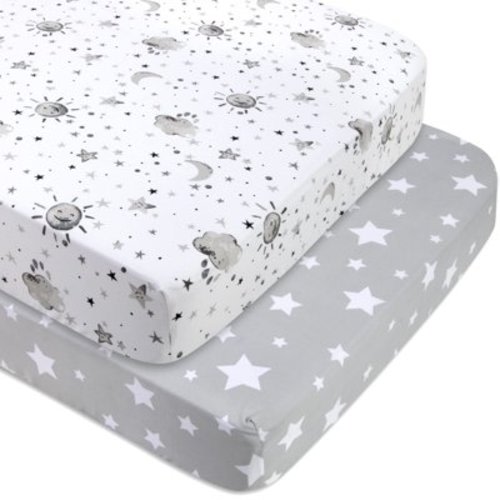 Baby Essentials 2 Pack Microfiber Fitted Crib Sheets, 52”L x 28”W, Stars & Moons Pattern