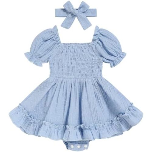 GRNSHTS Baby Girl Romper Dress, Puff Sleeve Smocked Outfit with Headband for Infants Soft Cotton Photo Shoot