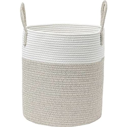 Laundry Baskets, Laundry Hamper,Baby Nursery Hamper for Living Room,Rope Woven Basket for Toys, Bedroom,Blanket Storage with Handle,13.7" X 15.7" Laundry Storage Basket (White & Brown)