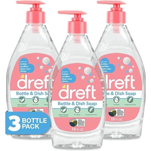 DREFT Bottle and Dish Soap | Made to Clean Baby Bottles, Sippy Cups, Pacifiers, Breast Pumps, & More | Gently Removes Milk Film & Odors | Plant Based, Fragrance Free Dish Soap | 18 Fl Oz (Pack of 3)