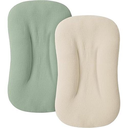 Muslin Baby Cover for Newborn, Soft and Breathable 100% Cotton Lounger Slipcover Neutral, Pack of 2(Green, Ivory)