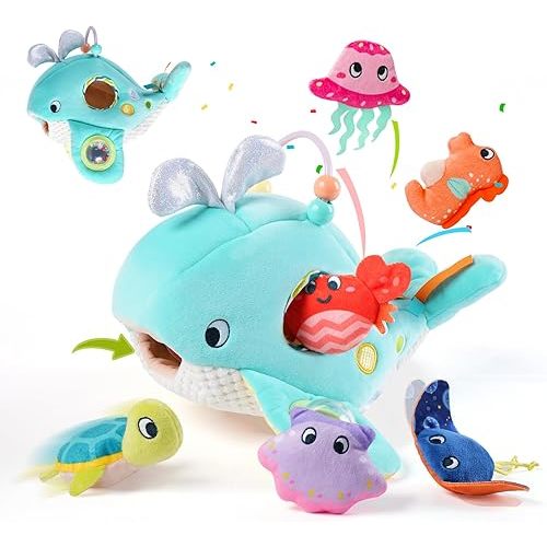 Koty Baby Toys 6-12 Months, Montessori Sensory Toys,My First Ocean Whale House Toy with 6 Sea Animals | Bell Shell, Squeaky Seahorse & Crinkle Paper | Baby Gift