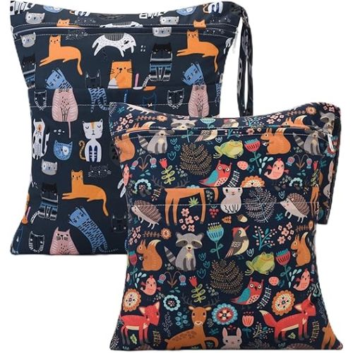2pcs Cloth Diaper Wet Dry Bags Waterproof Reusable with Two Zippered Pockets Travel Beach Pool Daycare Soiled Baby Items Yoga Gym Bag for Swimsuits or Wet Clothes-Animal