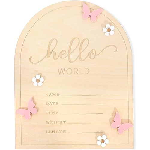 Hello World Newborn Sign - Baby Announcement Sign for Baby Showers, Pink Butterfly Newborn Birth Announcement Board, Daisy Wooden Baby Milestone Card,Welcome