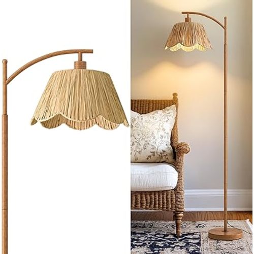 Oneach Rattan Floor Lamp for Bedroom, Boho Floor Lamp with Foot Switch, Farmhouse Standing Lamps for Living Room with Hand-Woven Shade, Walnut Metal Base & Pole