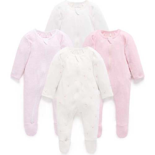 4 Pack Zip Footie Pale Pink Bear Pack - Purebaby | Maisonette