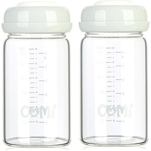COMI Wide Neck Glass Breastmilk Collection n Storage Bottle, 6oz with Screw Ring Sealing Disk; Re-markable Sealing Disc. BPA Free, Fits Breast Pumps & Nipples (2 Pack Gray Lids)